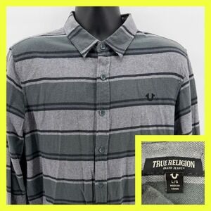 True Religion Mens Large Gray Striped Long Sleeve Button Down Shirt Shipyard
